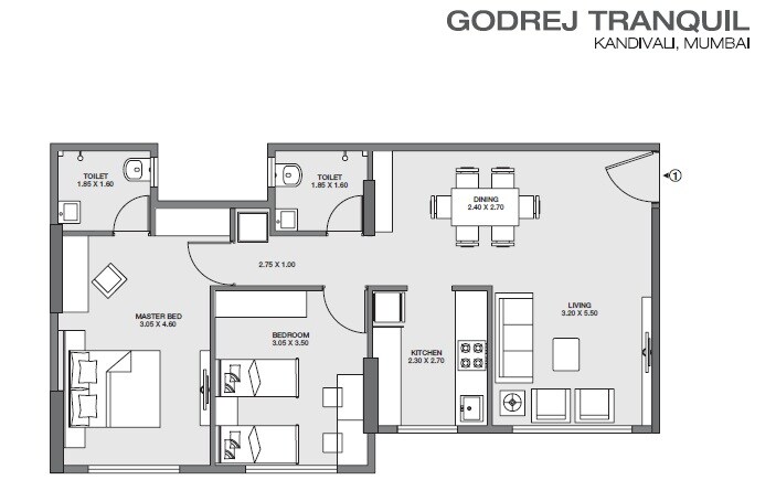 Floor plan of 2 BHK Apartment - 680 sq. ft. in Godrej Tranquil, Mumbai