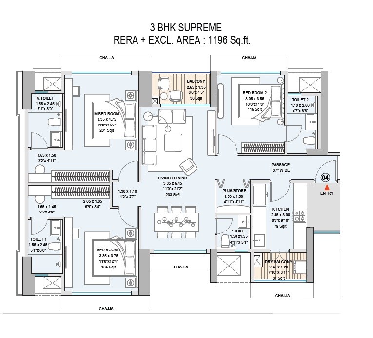 3 BHK 1196 Sq. Ft. Apartment