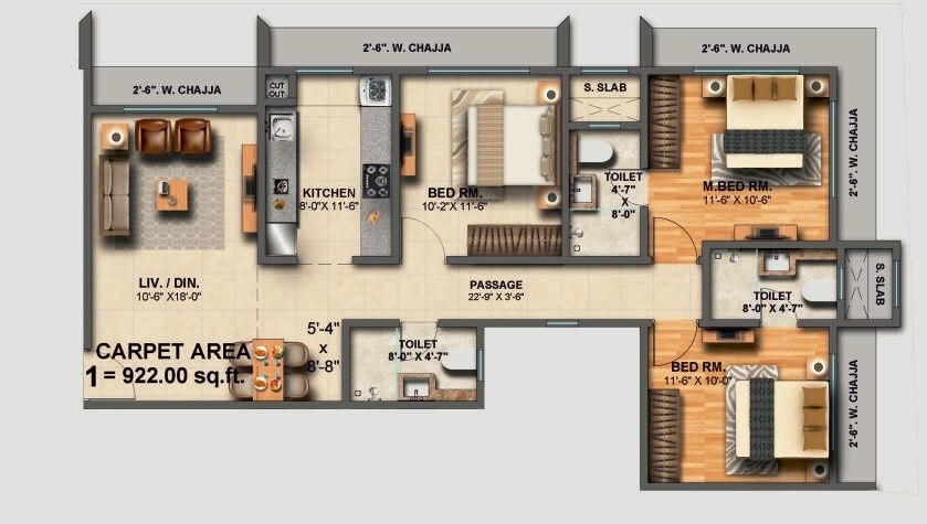 Floor plan of 3 BHK 922 Sq. Ft. Apartment in Goodbuild Azad Laxmi Nagar SRA CHS, Mumbai