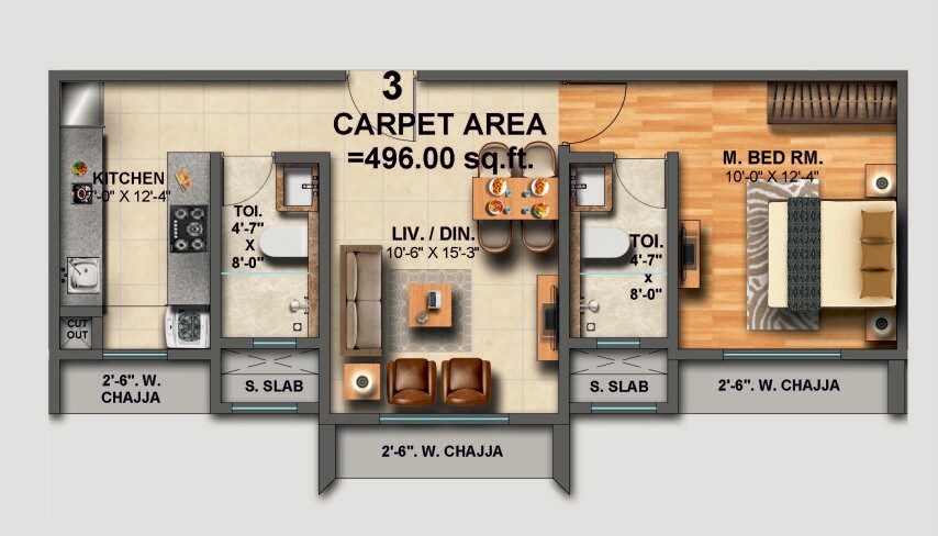 Floor plan of 1 BHK 496 Sq. Ft. Apartment in Goodbuild Royal Shepherd, Mumbai