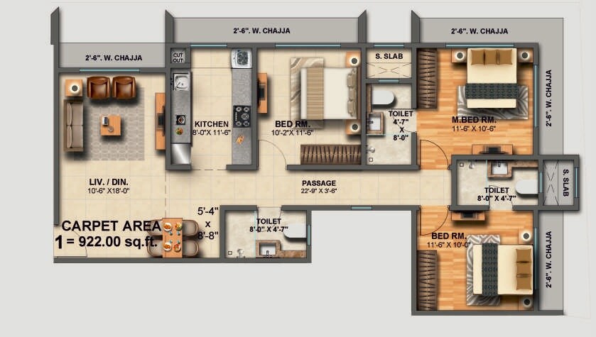 Floor plan of 3 BHK 922 Sq. Ft. Apartment in Goodbuild Royal Shepherd, Mumbai