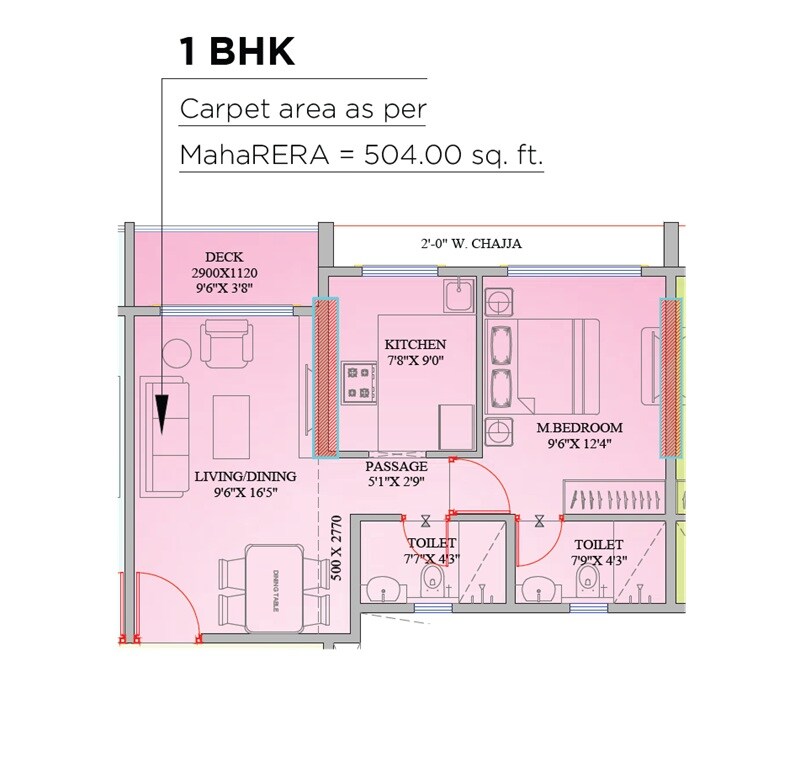 Floor plan of 1 BHK 504 Sq. Ft. Apartment in Goodbuild Shepherd Horizon, Mumbai