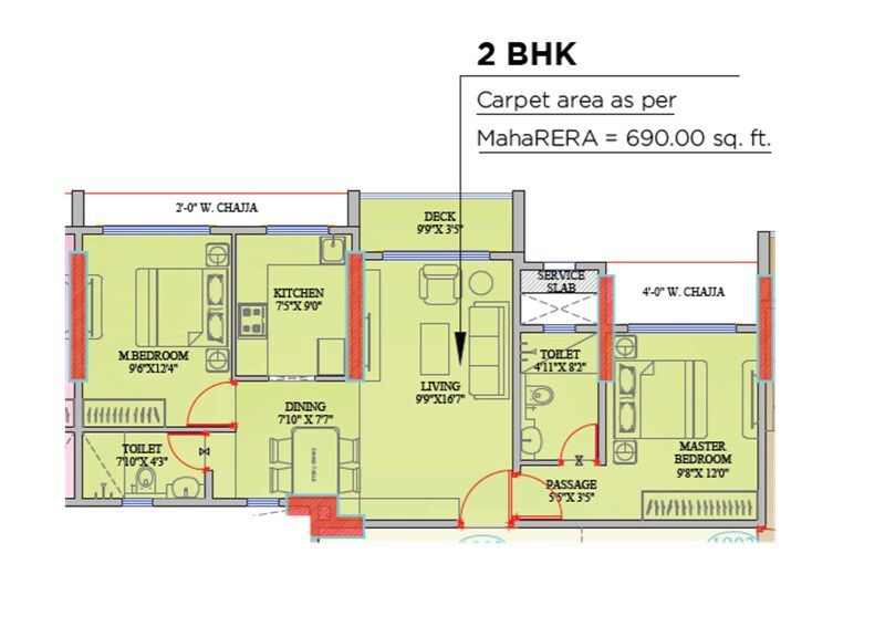 Floor plan of 2 BHK 690 Sq. Ft. Apartment in Goodbuild Shepherd Horizon, Mumbai