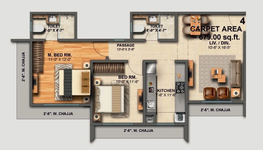 Floor plan of 2 BHK 679 Sq. Ft. Apartment in Goodbuild Shepherd Royal, Mumbai