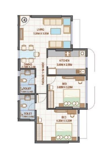 2 BHK 784 Sq. Ft. Apartment
