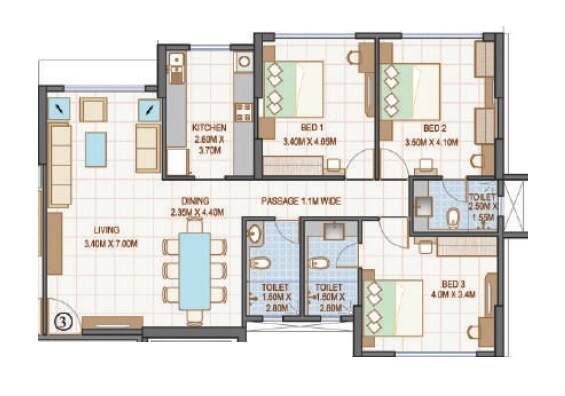Floor plan of 3 BHK 1165 Sq. Ft. Apartment in Goodwill Kanchangiri, Mumbai