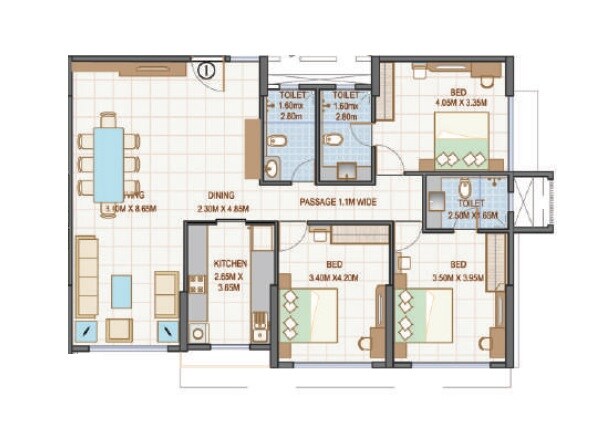 Floor plan of 3 BHK 1300 Sq. Ft. Apartment in Goodwill Kanchangiri, Mumbai