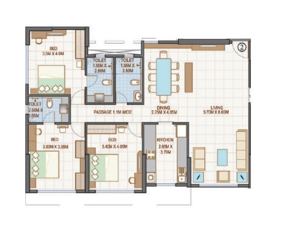 Floor plan of 3 BHK 1565 Sq. Ft. Apartment in Goodwill Kanchangiri, Mumbai