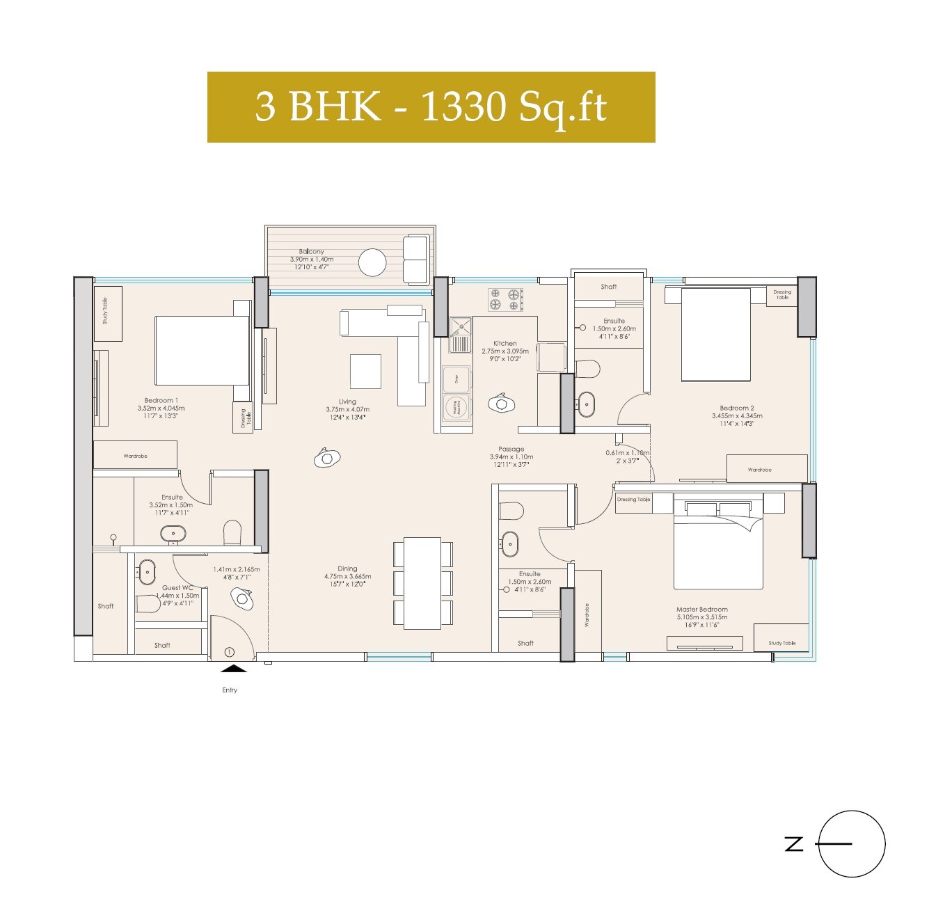 Floor plan of 3 BHK 1330 Sq. Ft. Apartment in Goodwill The Grand Residences, Mumbai