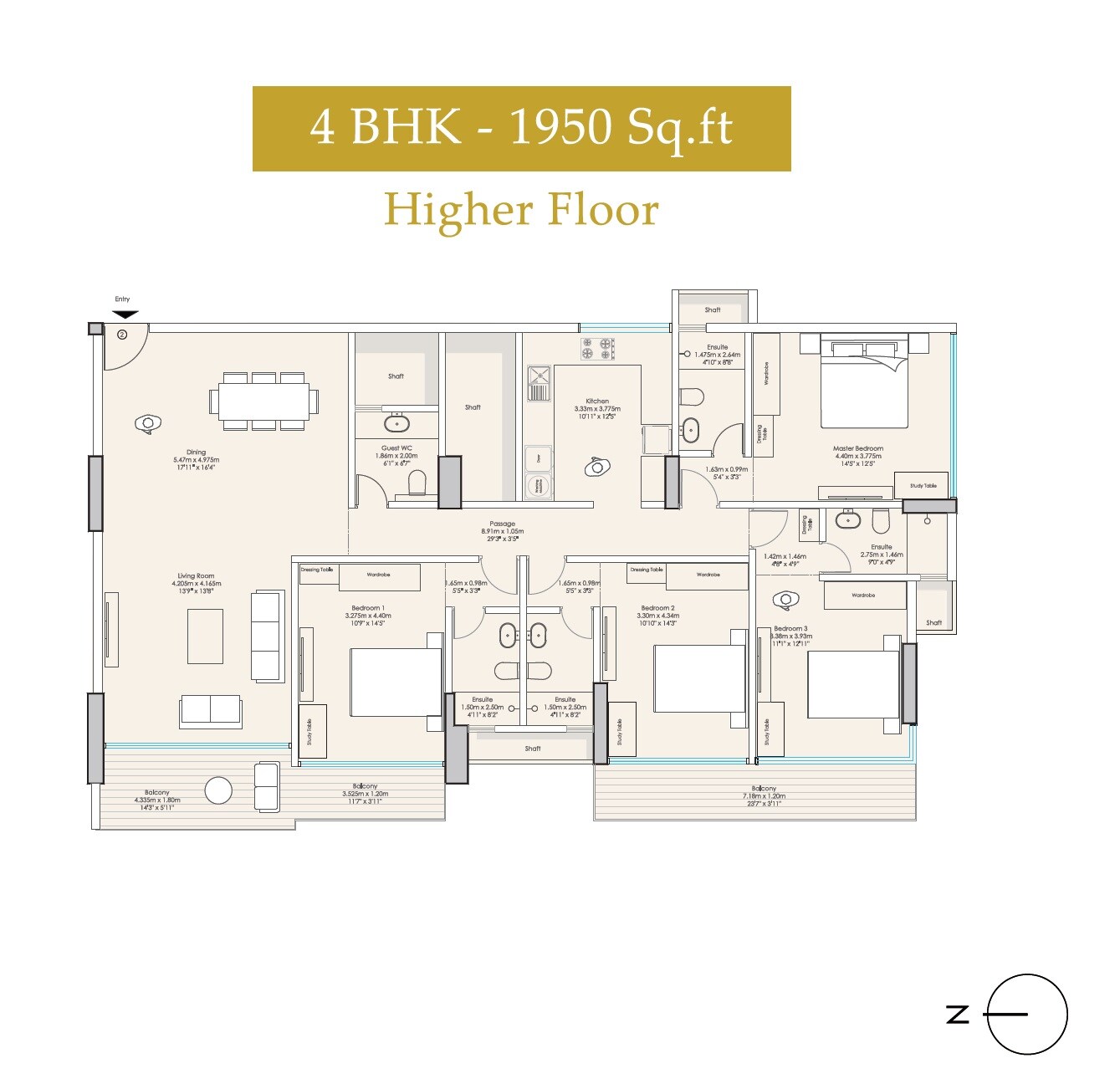 Floor plan of 4 BHK 1950 Sq. Ft. Apartment in Goodwill The Grand Residences, Mumbai