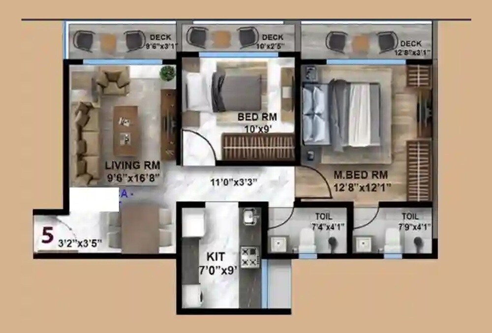 Floor plan of 2 BHK 763 Sq. Ft. Apartment in Gorai Ruby CHS, Mumbai