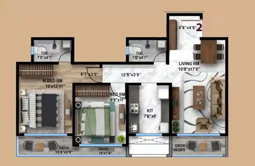 Floor plan of 2 BHK 719 Sq. Ft. Apartment in Gorai Ruby CHS, Mumbai