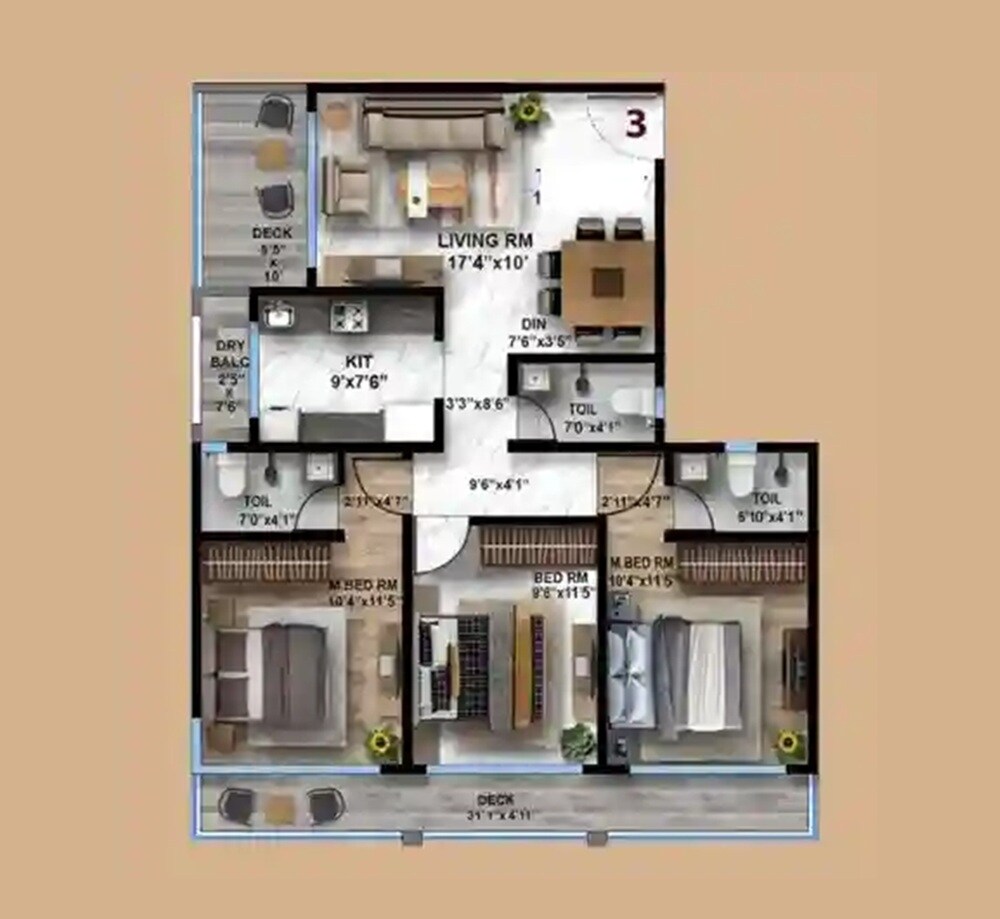 Floor plan of 3 BHK 1102 Sq. Ft. Apartment in Gorai Ruby CHS, Mumbai