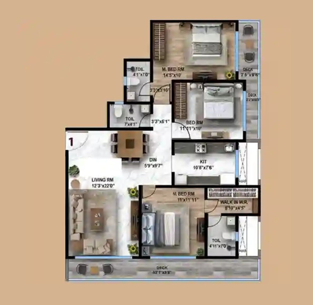 Floor plan of 3 BHK 1215 Sq. Ft. Apartment in Gorai Ruby CHS, Mumbai