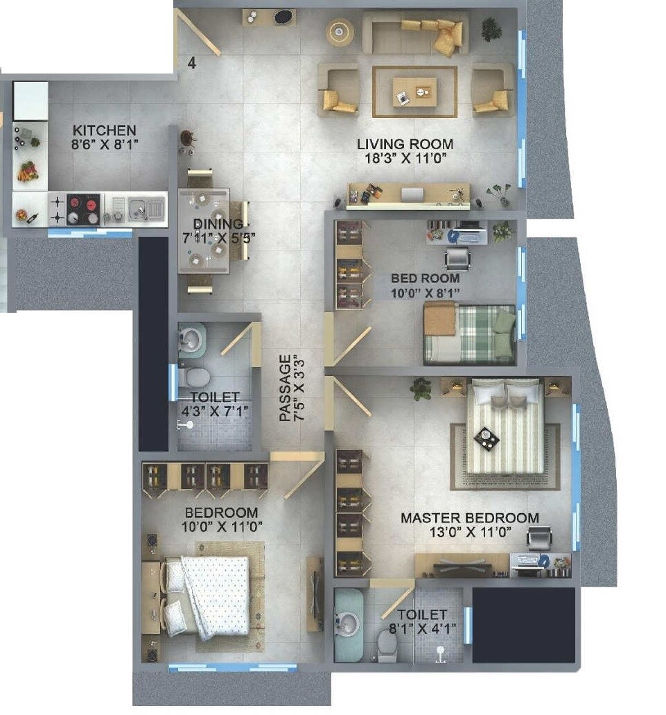 Floor plan of 3 BHK 758 Sq. Ft. Apartment in Govardhangiri, Mumbai