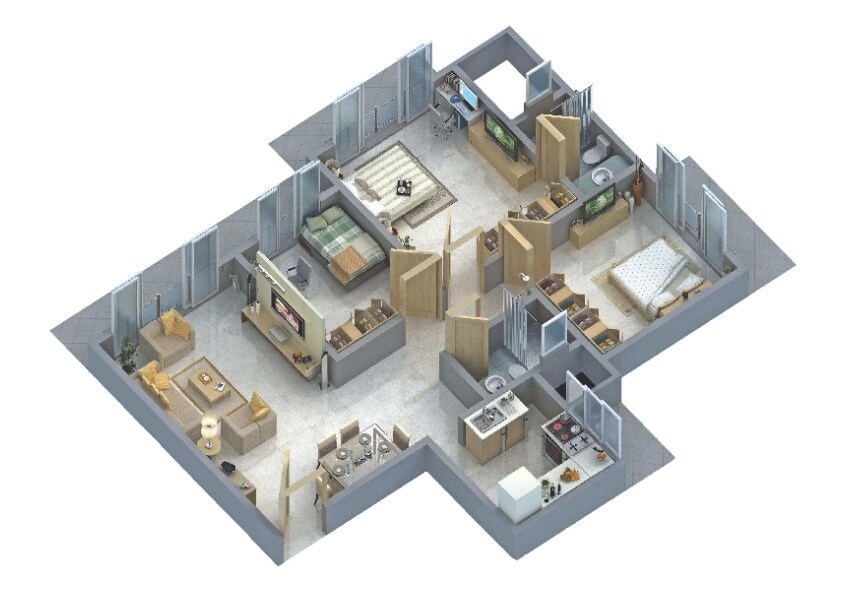 Floor plan of 3 BHK 829 Sq. Ft. Apartment in Govardhangiri, Mumbai