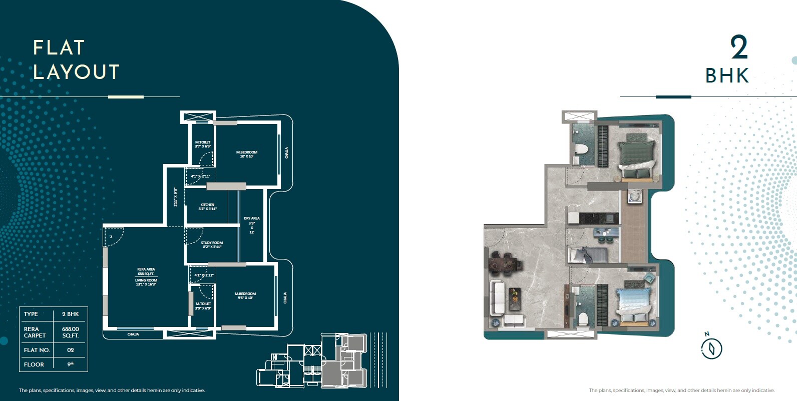 Floor plan of 2 BHK 688 Sq. Ft. Apartment in Goyal Atlantis, Mumbai