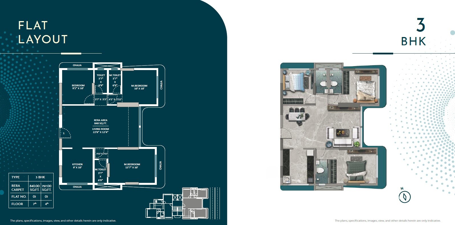 Floor plan of 3 BHK 840 Sq. Ft. Apartment in Goyal Atlantis, Mumbai