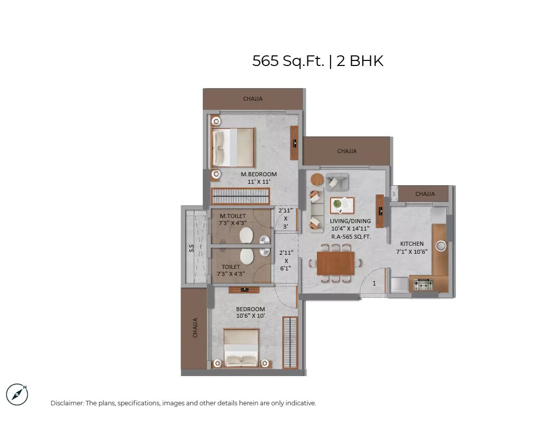 Floor plan of 2 BHK 565 Sq. Ft. Apartment in Goyal Fairmont, Mumbai