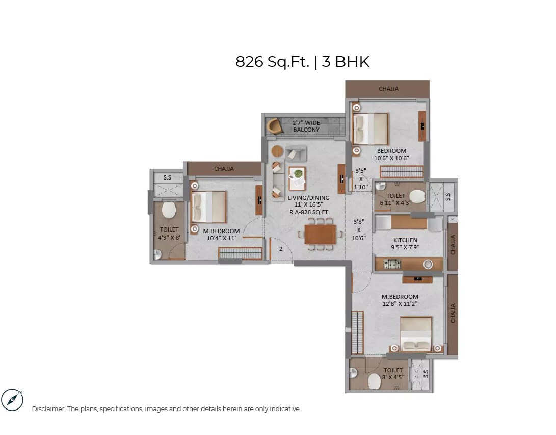 Floor plan of 3 BHK 826 Sq. Ft. Apartment in Goyal Fairmont, Mumbai