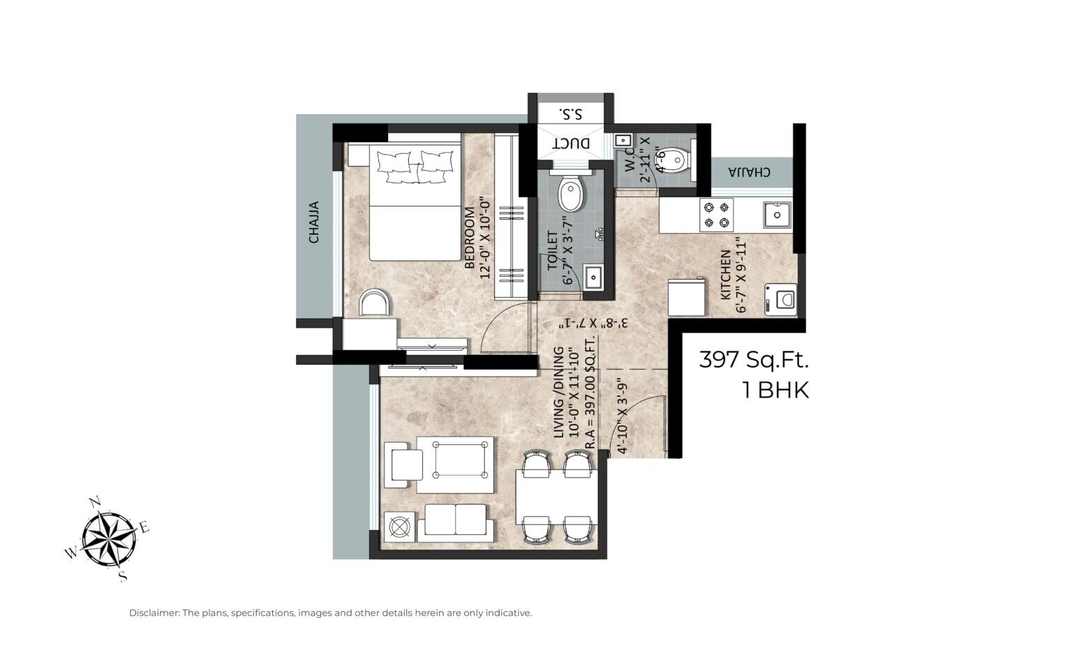 Floor plan of 1 BHK 397 Sq. Ft. Apartment in Goyal Sea Rock, Mumbai