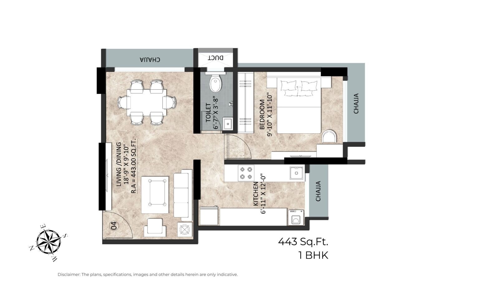 Floor plan of 1 BHK 443 Sq. Ft. Apartment in Goyal Sea Rock, Mumbai