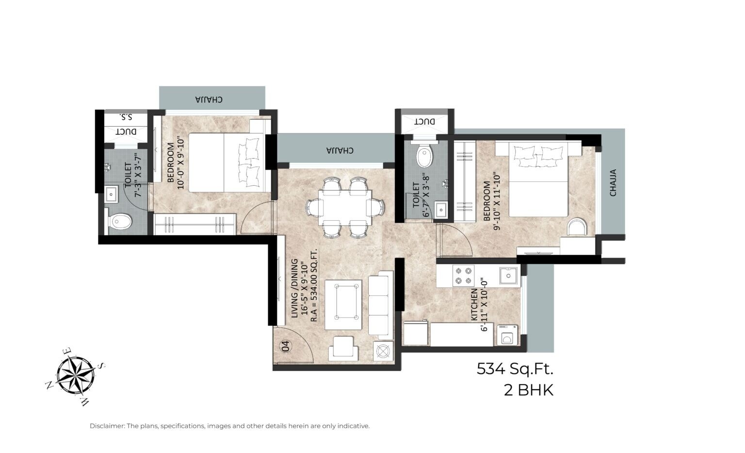 Floor plan of 2 BHK 534 Sq. Ft. Apartment in Goyal Sea Rock, Mumbai