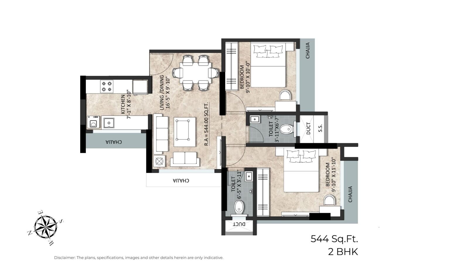 Floor plan of 2 BHK 544 Sq. Ft. Apartment in Goyal Sea Rock, Mumbai