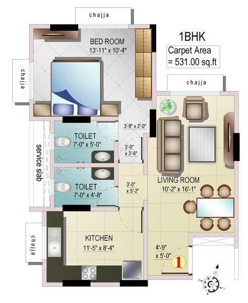 Floor plan of 1 BHK 531 Sq. Ft. Apartment in GP Solitaire, Mumbai