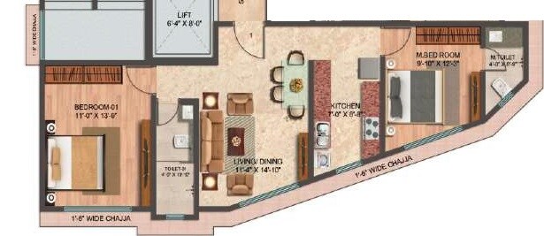 Floor plan of 2 BHK 760 Sq. Ft. Apartment in Grace Iconic, Mumbai
