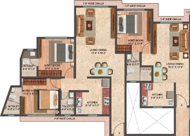 Floor plan of 3 BHK 850 Sq. Ft. Apartment in Grace Iconic, Mumbai