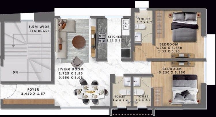 Floor plan of 2 BHK 699 Sq. Ft. Apartment in Grace Palacio, Mumbai