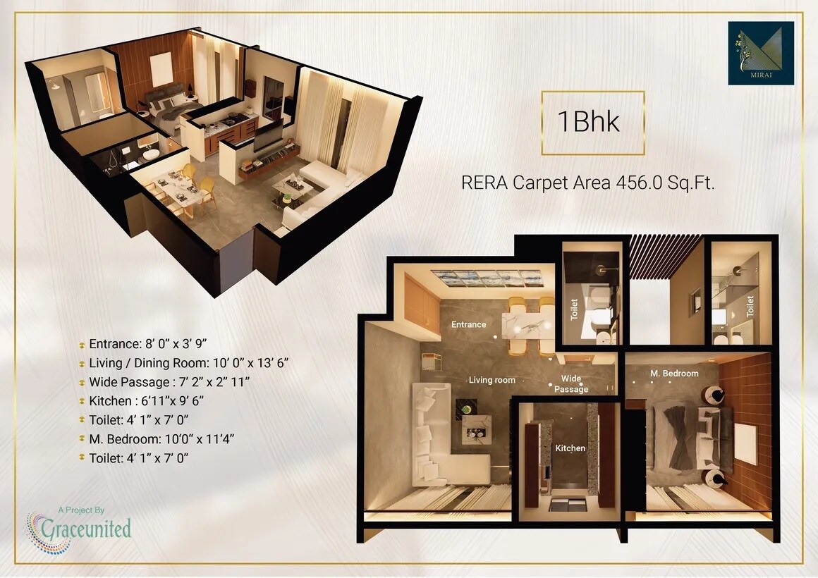 Floor plan of 1 BHK 456 Sq. Ft. Apartment in Graceunited Mirai, Mumbai