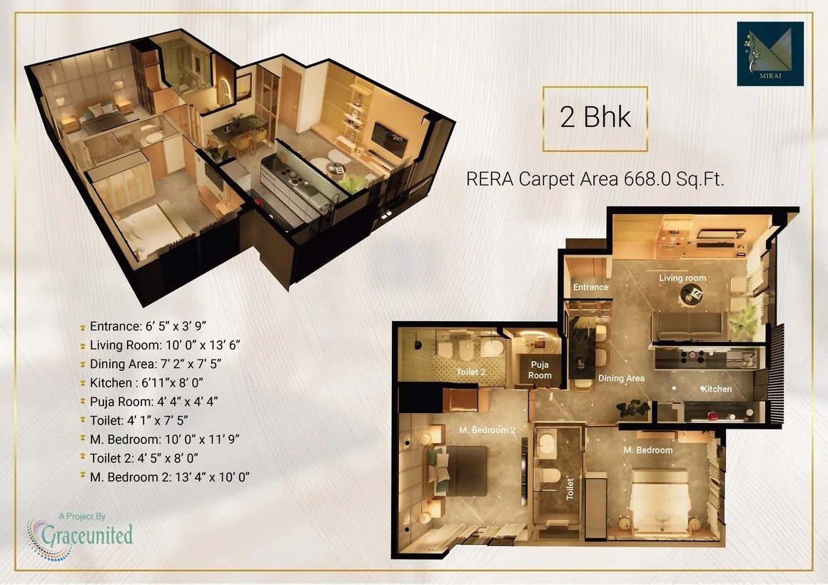 Floor plan of 2 BHK 668 Sq. Ft. Apartment in Graceunited Mirai, Mumbai