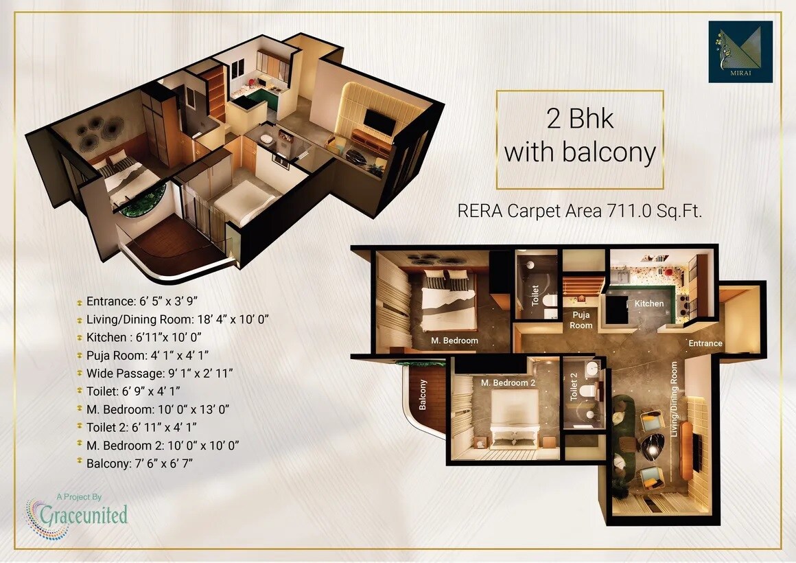 Floor plan of 2 BHK 711 Sq. Ft. Apartment in Graceunited Mirai, Mumbai