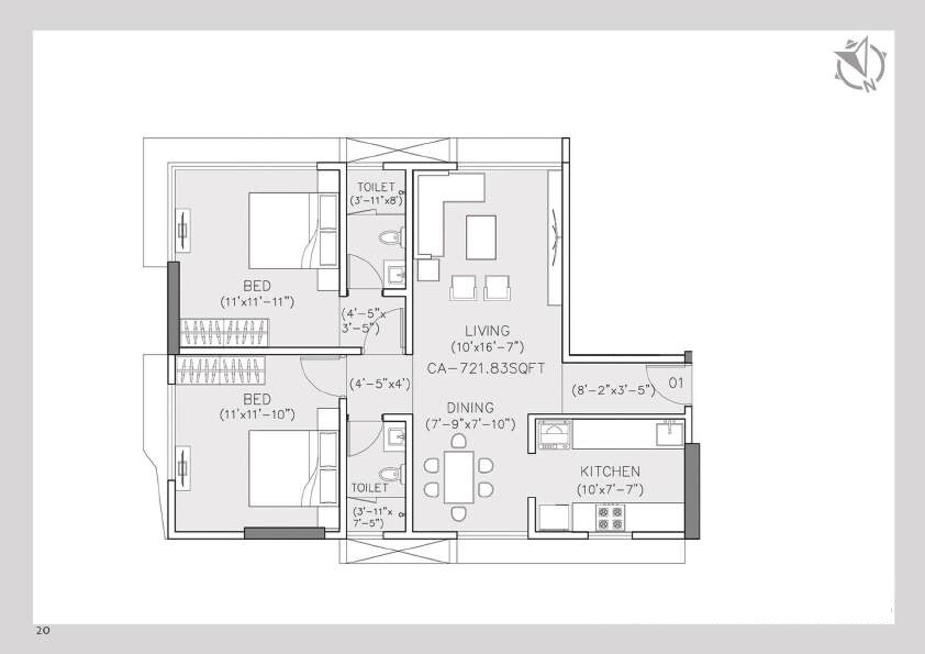 Floor plan of 2 BHK 644 Sq. Ft. Apartment in Green Heritage House, Mumbai