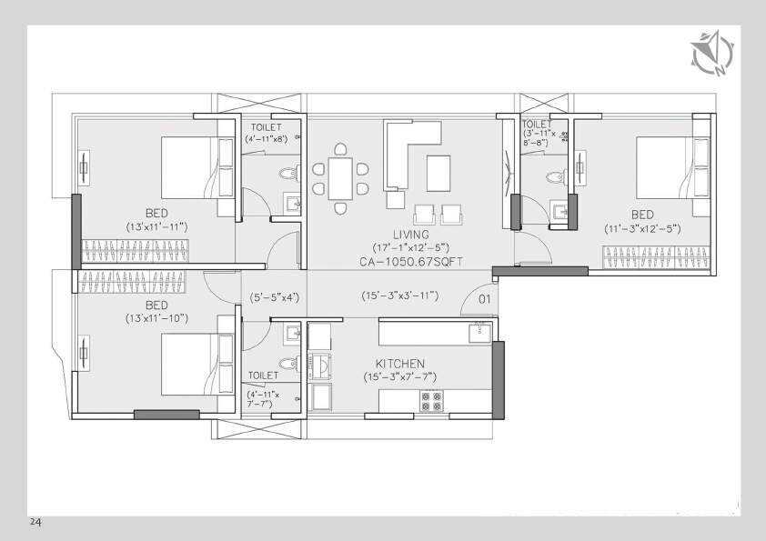 Floor plan of 3 BHK 1051 Sq. Ft. Apartment in Green Heritage House, Mumbai