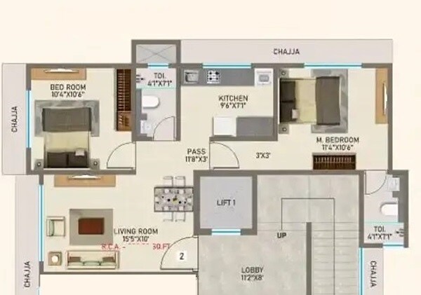 Floor plan of 2 BHK 562 Sq. Ft. Apartment in Green Shadow CHS, Mumbai