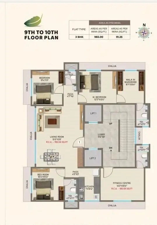 Floor plan of 3 BHK 982 Sq. Ft. Apartment in Green Shadow CHS, Mumbai
