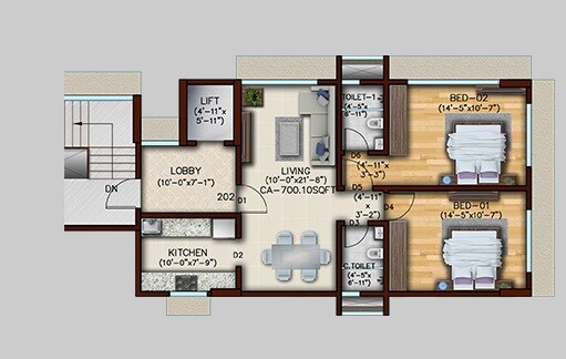 Floor plan of 2 BHK Apartment - 700 sq. ft. in Green Tree Lifescapes Samta, Mumbai