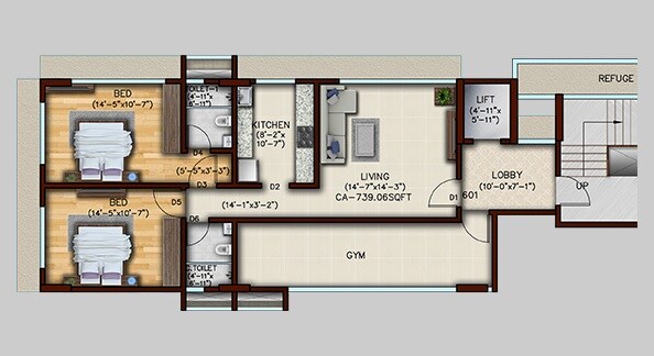 Floor plan of 2 BHK Apartment - 739 sq. ft. in Green Tree Lifescapes Samta, Mumbai