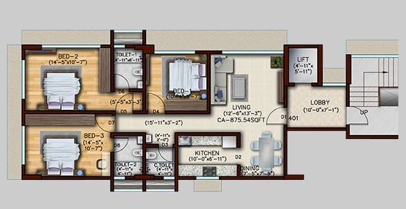 Floor plan of 3 BHK Apartment - 875 sq. ft. in Green Tree Lifescapes Samta, Mumbai
