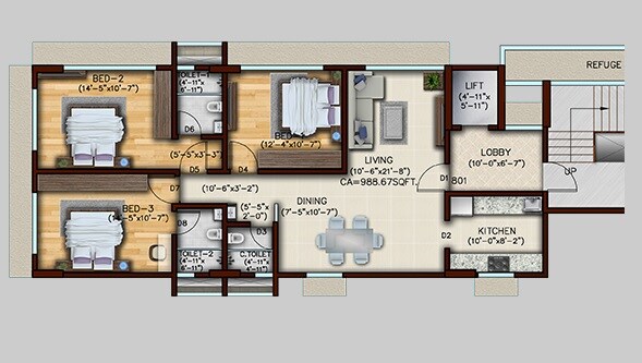 Floor plan of 3 BHK Apartment - 988 sq. ft. in Green Tree Lifescapes Samta, Mumbai
