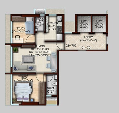 Floor plan of 1 BHK 496 Sq. Ft. Apartment in Green Tree Lifescapes Vishakha, Mumbai