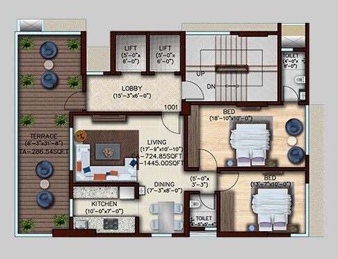 Floor plan of 2 BHK 725 Sq. Ft. Apartment in Green Tree Lifescapes Vishakha, Mumbai