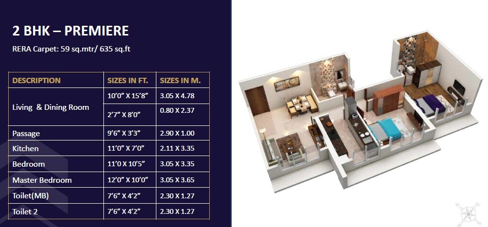 Floor plan of 2 BHK 635 Sq. Ft. Apartment in Group Satellite Elegance, Mumbai
