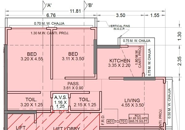 Floor plan of 2 BHK 665 Sq. Ft. Apartment in Grow Vira One, Mumbai