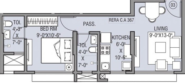 Floor plan of 1 BHK 367 Sq. Ft. Apartment in Growmore Emerald, Mumbai