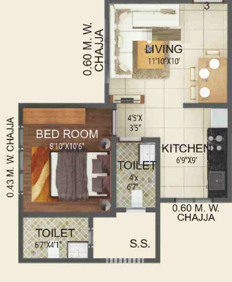 Floor plan of 1 BHK 365 Sq. Ft. Apartment in GRPM Zee Heights, Mumbai
