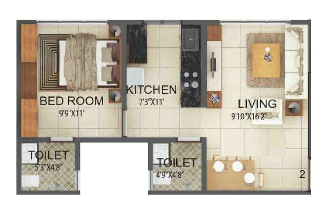 Floor plan of 1 BHK 413 Sq. Ft. Apartment in GRPM Zee Heights, Mumbai